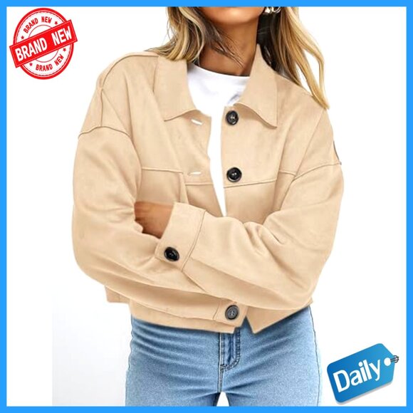 Faux Suede Cropped Jacket Long Sleeve Button Front Relaxed Fit Casual - Picture 3 of 7